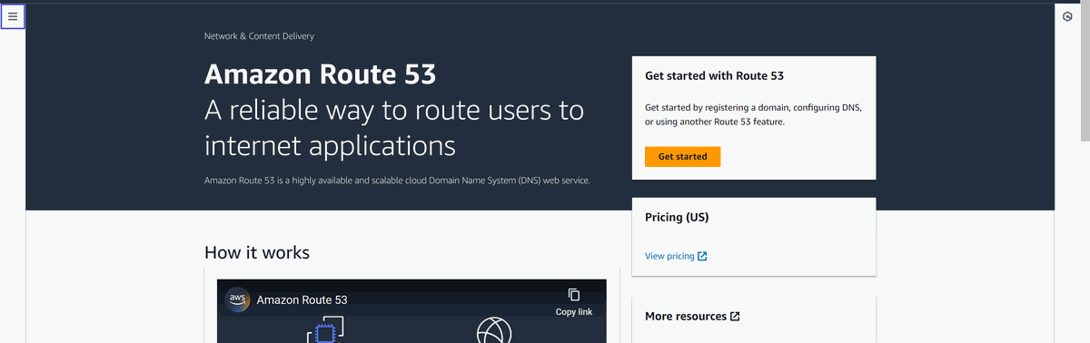 picture of Route 53 homepage on AWS Management console, with the navigation icon highlighted